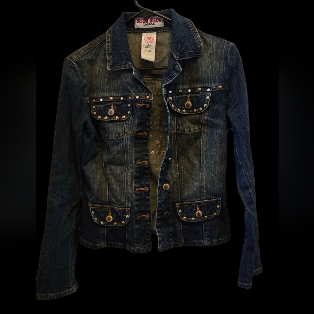 Bisou Bisou Womens Fabulous Blue Jean Jacket Studded Embellishments Y2k 90's